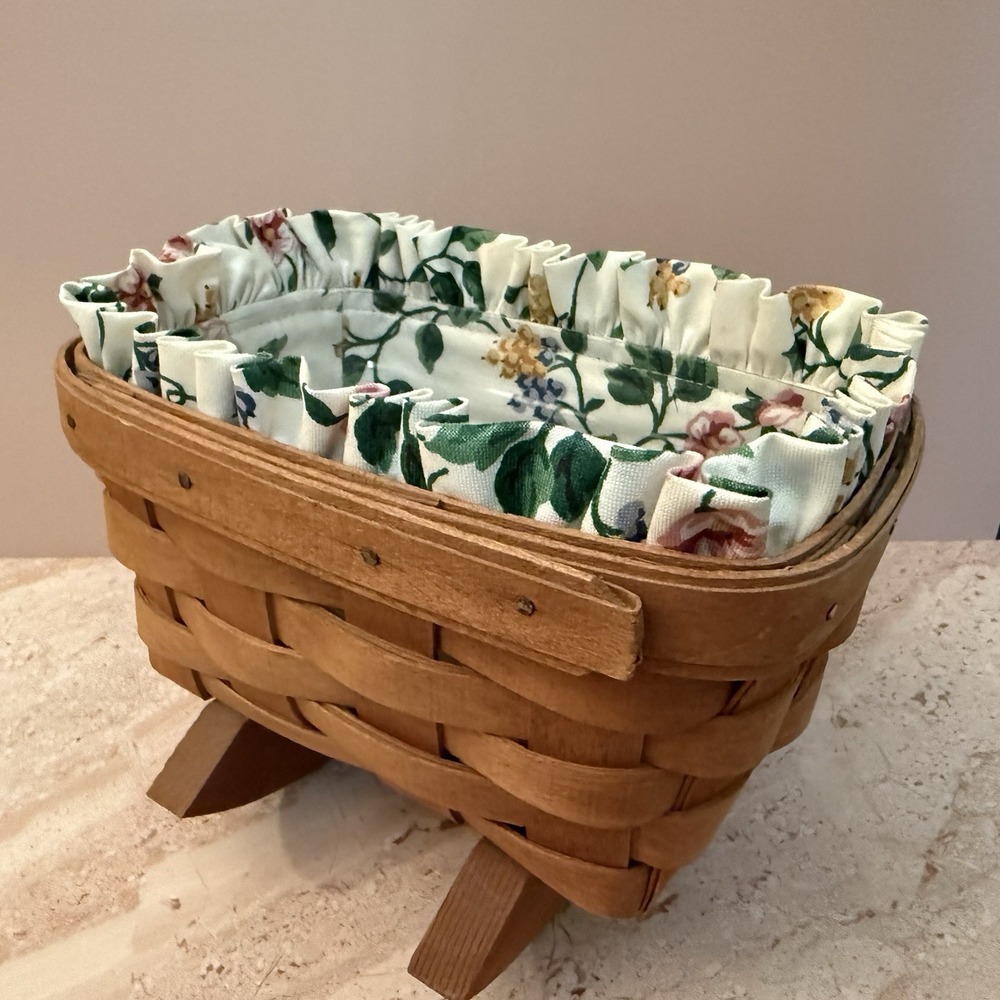 Longaberger 1989 Miniature Rocking Cradle Basket White Vine Floral Liner Dresden
